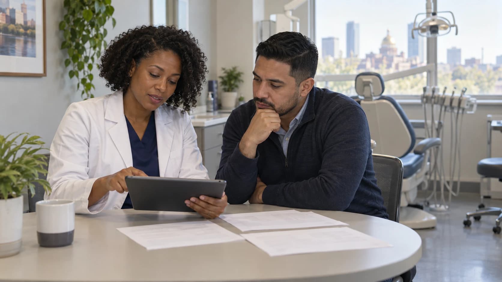 Black woman dentist and Latino practice manager reviewing a tablet together in a bright Boston dental clinic