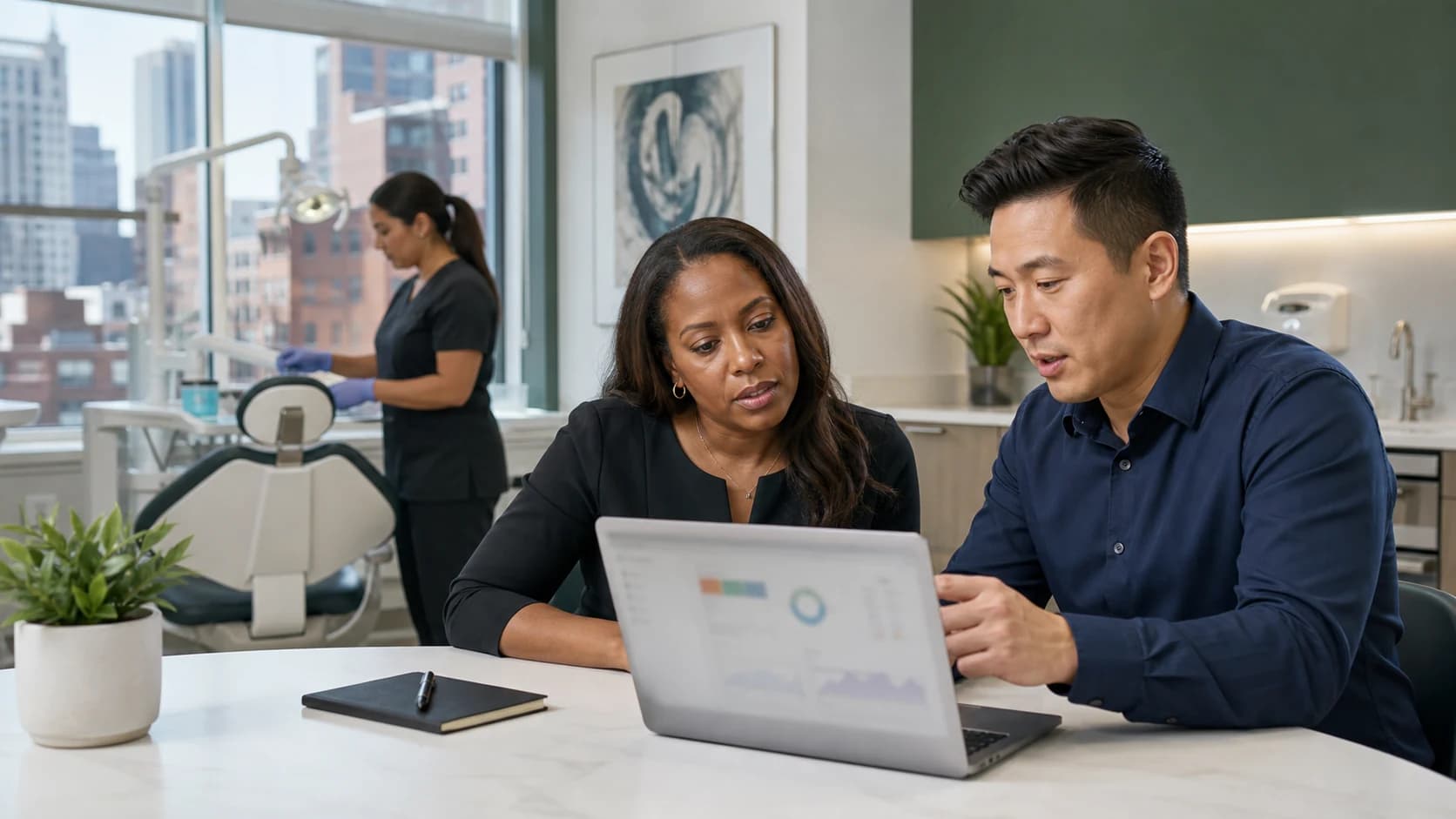 Illustrative Boston dental practice owner reviewing a Google Ads campaign with a marketing strategist