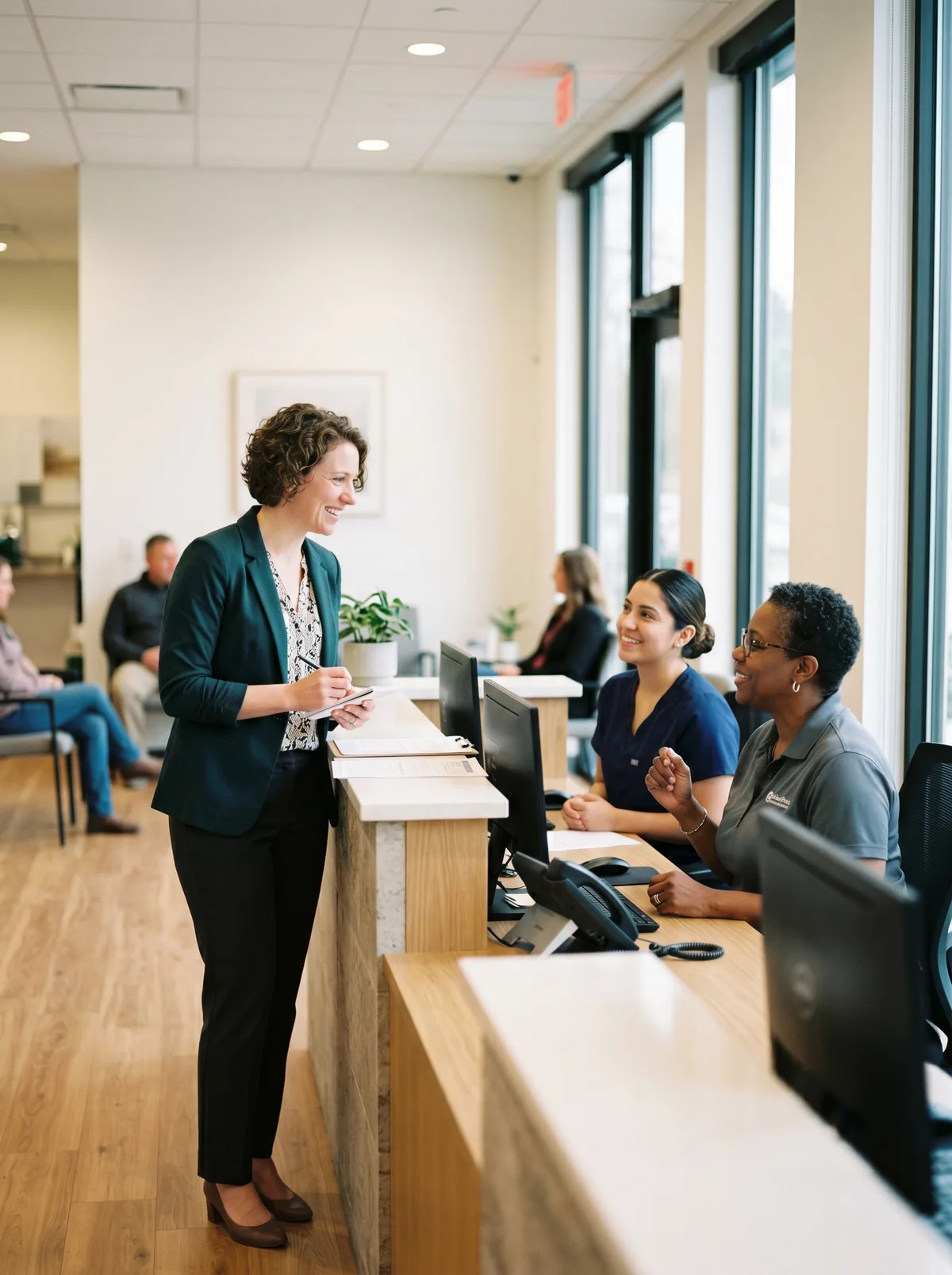 A PatientFlow Pro teammate on-site with a practice front-desk team.