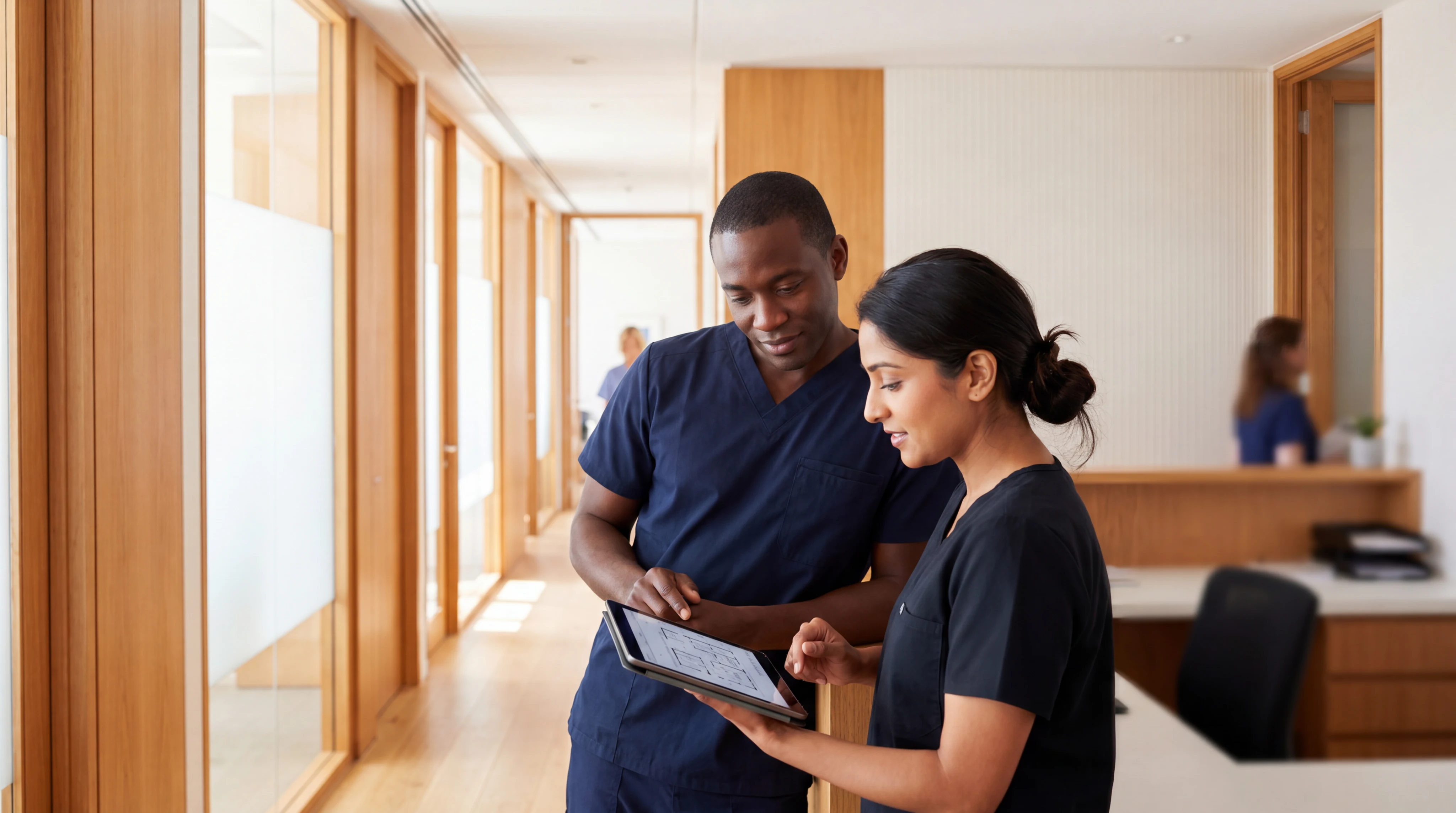 Illustrative candid of two clinicians reviewing a tablet in a bright practice hallway.