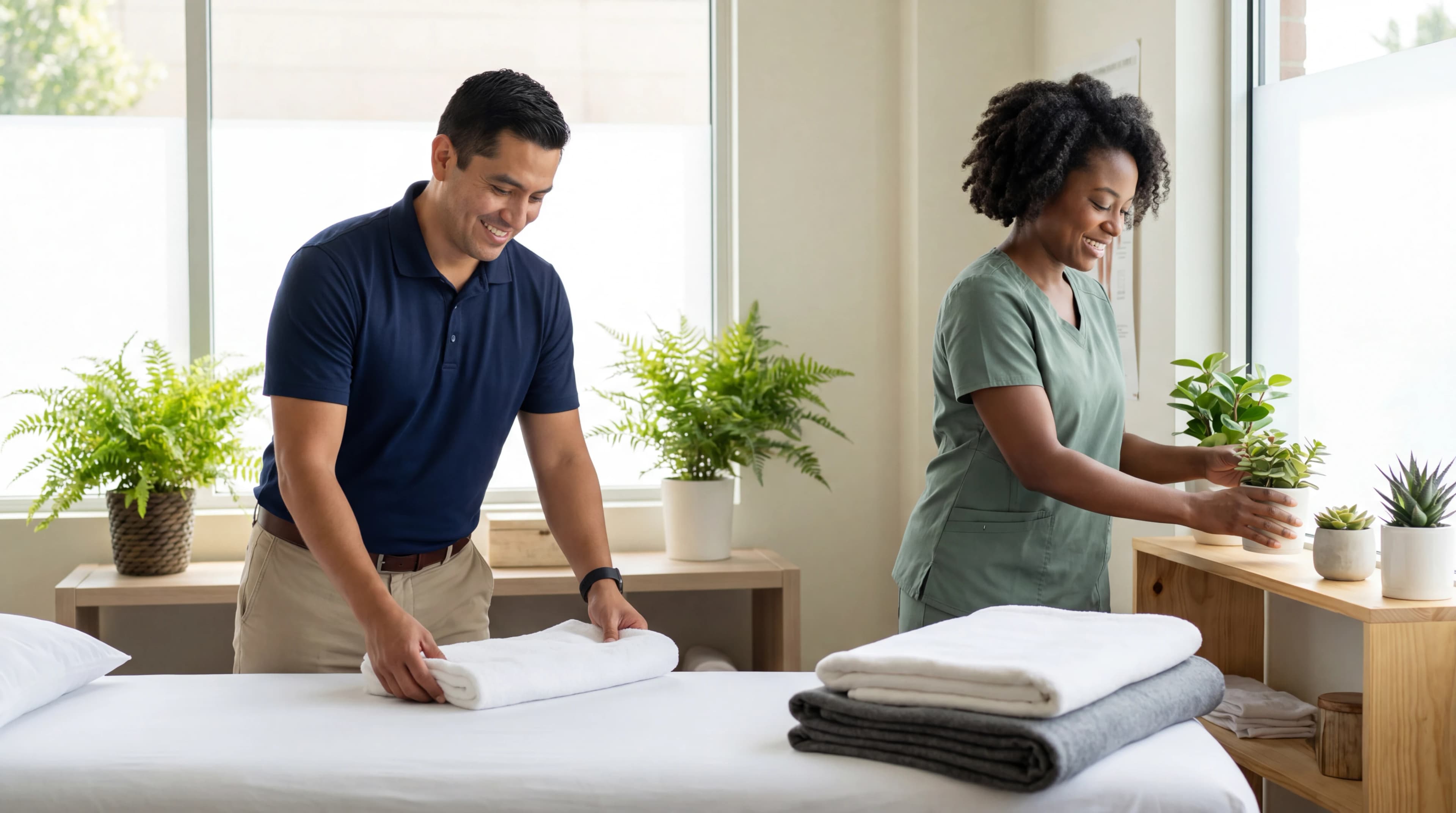 Illustrative candid of a clinician preparing a calm treatment room.