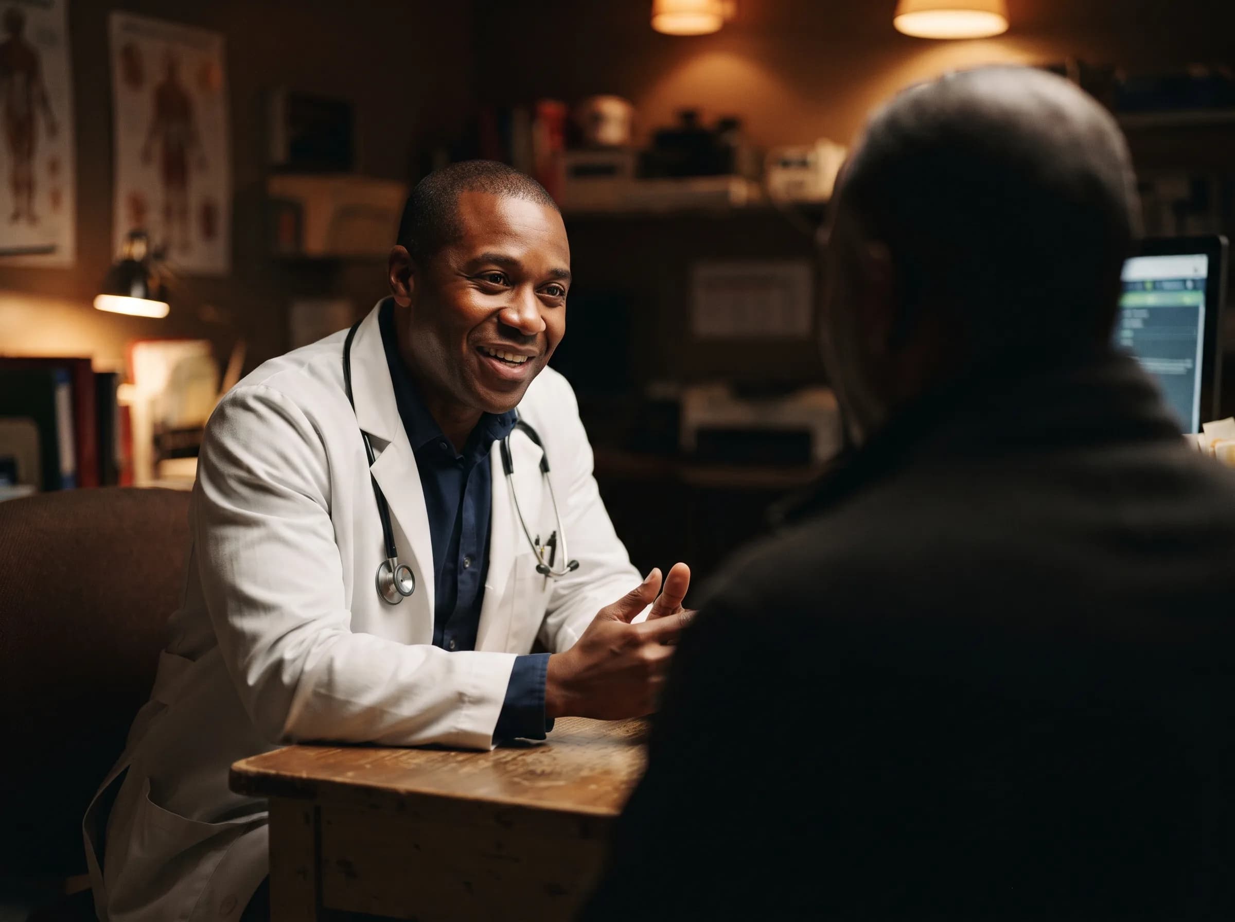 Illustrative candid photo of a physician talking with a patient in a consult room, representing the medical practices we build for.