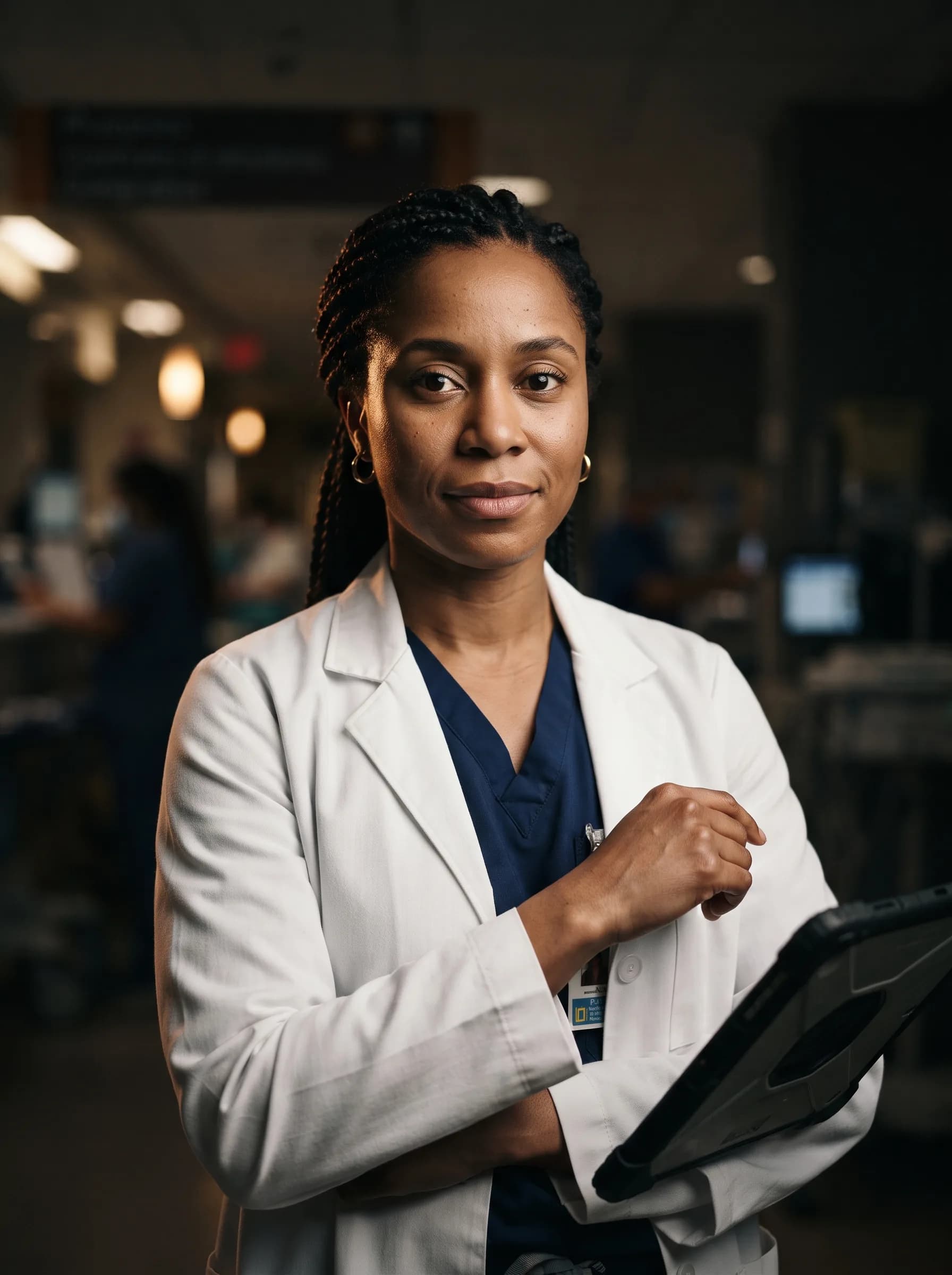Illustrative portrait of a physician reviewing a patient chart on a tablet, representing the medical and dental practices we build for.