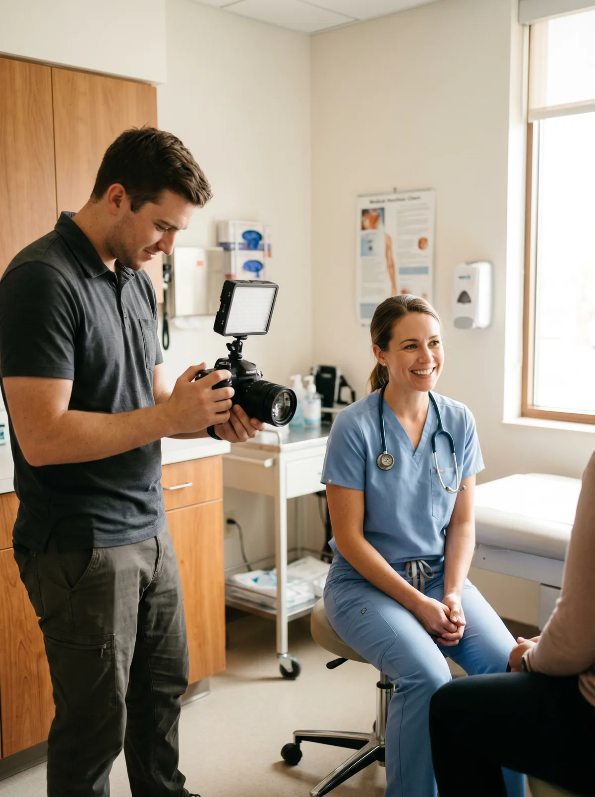 A PatientFlow Pro videographer filming a provider inside the practice